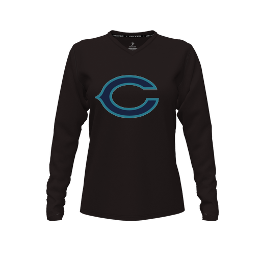 [CUS-DFW-TEES-CMF-VNK-LSL-BLK-FYXS-LOGO1] Decker Comfort T-Shirt (Female Youth XS, Black, V Neck, Logo 1, Long Sleeve)
