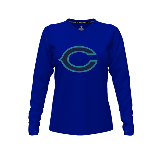 [CUS-DFW-TEES-CMF-VNK-LSL-RYL-FYXS-LOGO1] Decker Comfort T-Shirt (Female Youth XS, Royal, V Neck, Logo 1, Long Sleeve)
