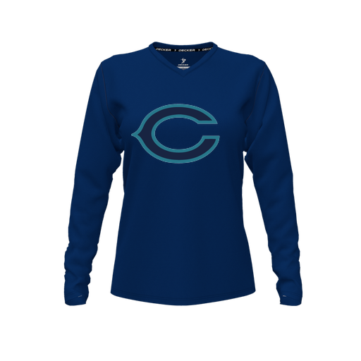 [CUS-DFW-TEES-PER-VNK-LSL-NVY-FYXS-LOGO1] Decker Performance T-Shirt (Female Youth XS, Navy, V Neck, Logo 1, Long Sleeve)