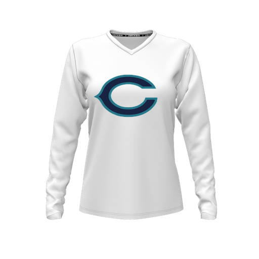 [CUS-DFW-TEES-CMF-VNK-LSL-WHT-FYXS-LOGO1] Decker Comfort T-Shirt (Female Youth XS, White, V Neck, Logo 1, Long Sleeve)