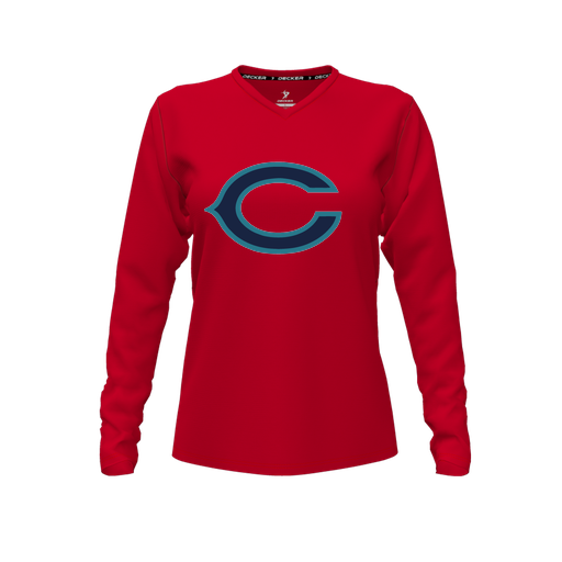 [CUS-DFW-TEES-PER-VNK-LSL-RED-FYXS-LOGO1] Decker Performance T-Shirt (Female Youth XS, Red, V Neck, Logo 1, Long Sleeve)